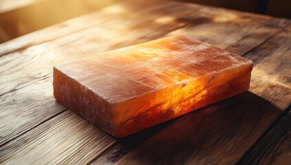 Large, rectangular block of pinkish-orange Himalayan salt rests on a wooden table. Sunlight highlights its texture