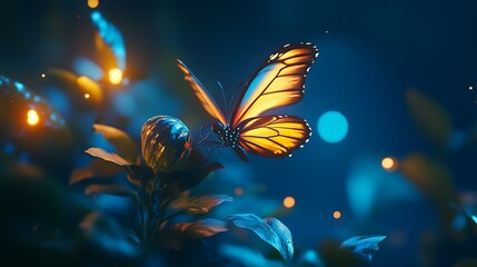 Glowing butterfly in nighttime garden