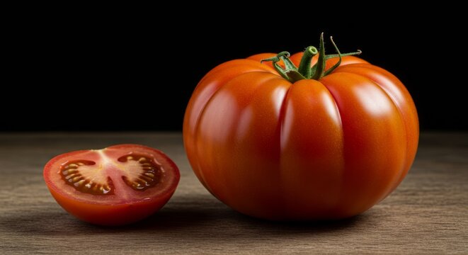 Rustic presentation showcasing a ripe fiorentino tomato with halved companion