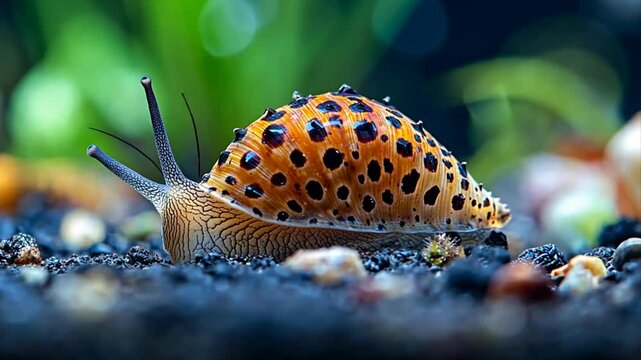 Captivating close-up of a striking horned nerite snail exploring its aquatic habitat on a dark substrate
