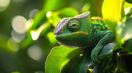 Chameleon on lush green leaves