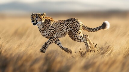 Fast cheetah running in golden grass