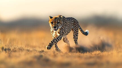 Cheetah running across golden grassland