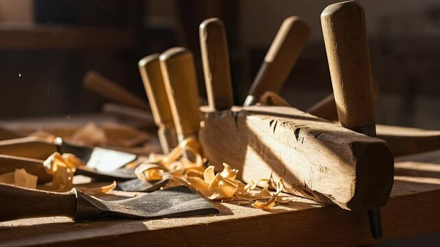 A sunlit woodworking workshop showcasing various tools and shavings on a wooden table, emphasizing craftsmanship and creativity