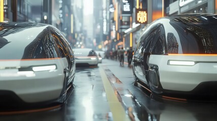 Futuristic City Street with Automated Vehicles and Sleek Buildings Under Neon Lights at Night