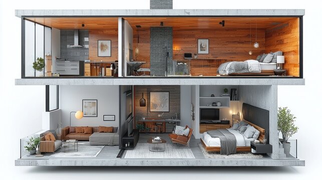 Modern two-story house cutaway showcasing interior design, furniture, and layout