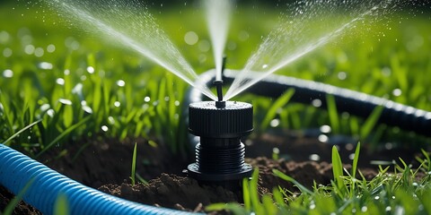 Close-up of a garden sprinkler spraying water over green grass with a blue hose in sunlight, representing irrigation, gardening care, and water conservation for healthy lawns

