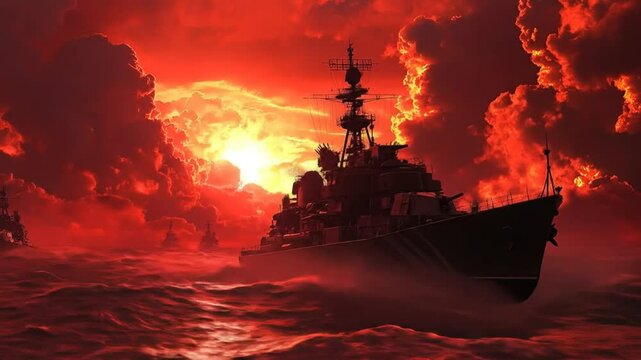 Warships in fiery red storm at sunset