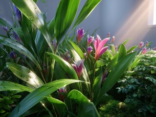 Obraz premium Tropical Flower Garden, Pink Bloom, Greenery, Nature Background, Fresh Aesthetic