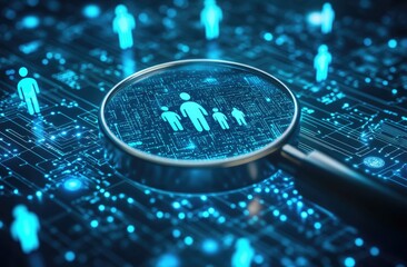 Data analysis of people.  A magnifying glass focuses on a group of digital people icons on a glowing circuit board