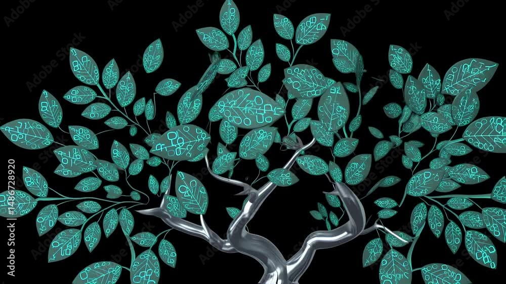 Poster digital teal tree with metallic trunk and branches on a black background glowing artificial leaves a
