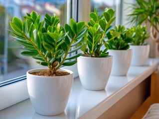 Fototapeta premium Row of Zamioculcas Plants in White Pots by Window - Indoor Gardening, Home Decor