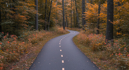 Obraz premium Autumnal pathway winding through a serene woodland, a tranquil escape