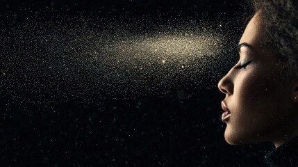 Woman with cosmic dust, meditation, and dark.