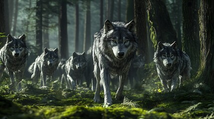 Wolf pack in forest