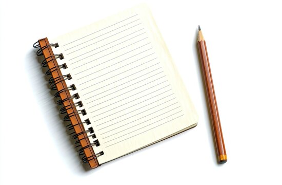 Blank notebook and pencil on a white surface
