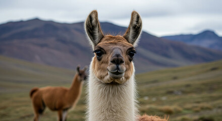 Obraz premium A captivating llama portrait against a backdrop of Andean mountains