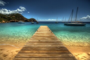 Obraz premium Wooden dock with tropical beach, and yachts