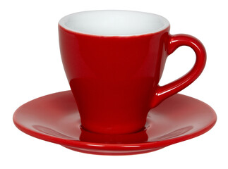 Coffee cup and red saucer isolated nature background with clipping path