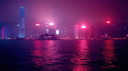 Fototapeta premium Luminous city nightscape pink and purple skyline reflection