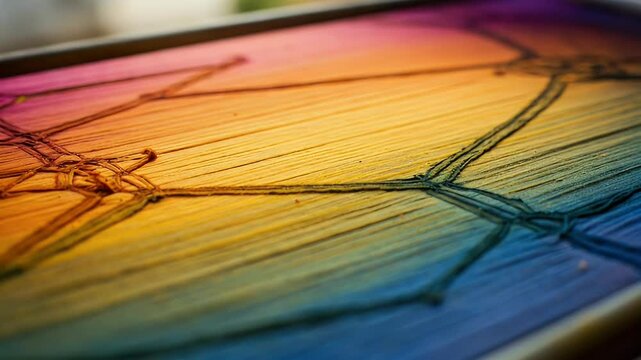 Vibrant abstract art piece showcasing colorful thread patterns on a wooden frame, with a blurred outdoor background