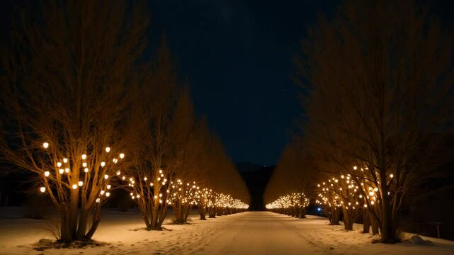A serene winter night scene with bare trees adorned with glowing lanterns, set against a starry sky. The image evokes a sense of tranquility and wonder, highlighting the beauty of illuminated nature
