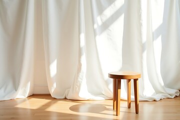 Minimalist wooden stool standing on polished floor in soft sunlight with flowing white curtains in the background, creating a calm and stylish interior design scene

