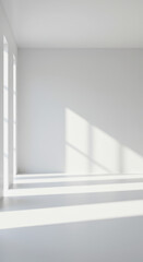 Fototapeta premium Minimalist White Room: Sunlight, Modern Interior, Clean Design, Empty Space, Bright & Airy, Mockup, Background, Simplicity, Elegance, Architecture