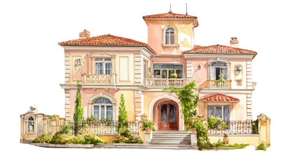 Fototapeta premium Watercolor Elegant Luxury Villa Clipart Architectural Illustration on Transparent Background