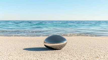 Polished stone beach with ocean view.
