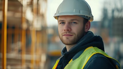 Fototapeta premium A young European male construction worker wearing a hard hat and safety vest poses confidently at a construction site, showcasing his dedication to the industry and safety.