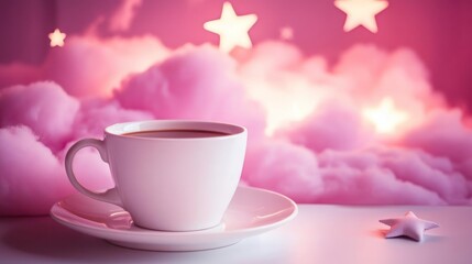 Fototapeta premium Pink cloud dreamy scene with coffee cup.