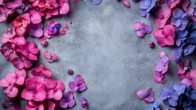 Vibrant Pink and Purple Hydrangea Flower Frame on Grey Textured Background