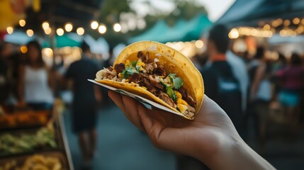 Taco in Hand at Outdoor Food Market Concept Photography