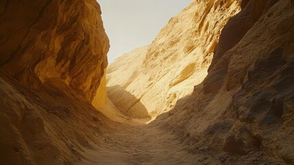 Golden Canyon Illuminated by Sunset Creating Dramatic Shadows in a Desert Landscape