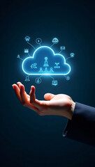 A hand supporting a glowing cloud with interconnected digital icons