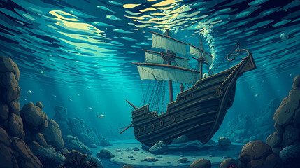 Fototapeta premium Underwater scene of a sunken pirate ship. Pirate. Illustration