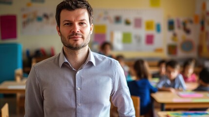 Obraz premium A confident male teacher stands in a bright classroom, engaging with students. His welcoming demeanor reflects his passion for education and mentorship.