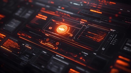 Abstract futuristic interface with glowing orange elements on a dark surface