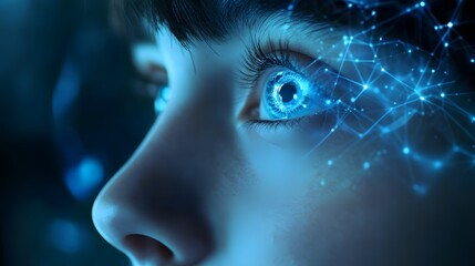Close up of a person's face with glowing blue eye and digital network overlay