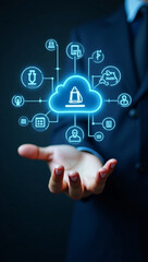 A person's hand holding a glowing cloud network symbol, representing cloud computing, data storage and digital connections