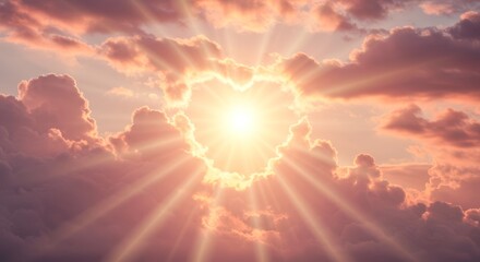 Fototapeta premium Heavenly embrace: radiant heart-shaped sunburst through ethereal clouds