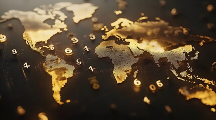 Golden world map with scattered numbers on a dark surface in a blurred view