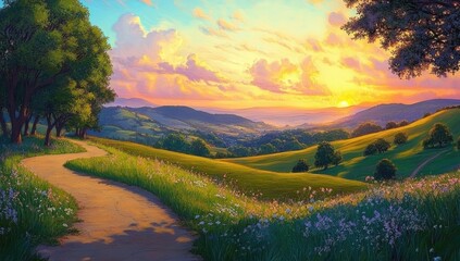 Scenic pathway winding through a vibrant, sun-drenched valley at sunset