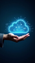 A hand holding a glowing cloud computing graphic, showcasing technology and innovation. This image conveys the concept of cloud computing, data storage, and digital transformation
