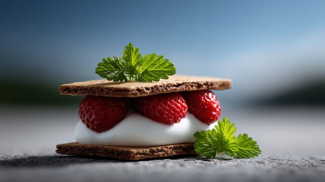 A delightful homemade dessert featuring fresh strawberries and mint arranged beautifully. - Powered by Adobe