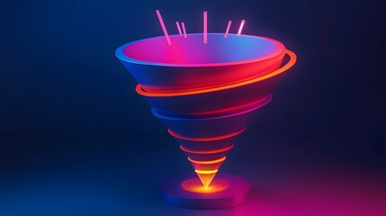 A colorful funnel with pink sticks and orange rings against a dark background