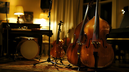 Warmly Lit Music Room with Double Basses, Piano, and Drum Kit