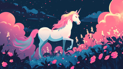 Enchanted unicorn in a dreamy landscape. dream - clouds. illustration. [Neon Folktales] | Lucid Totem | dream charm. Illustration
