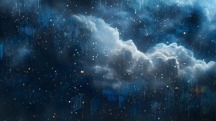Digital cloudscape with glowing particles and abstract city grid overlay effect